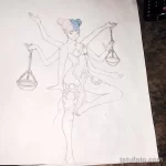 Эскиз татуировки Весы в акварельном стиле, с изображением девушки, держащей весы и украшенной цветами. Нежные пастельные тона.