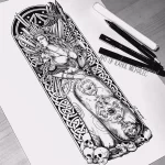 Детализированный эскиз татуировки, изображающий богиню, восседающую на троне из черепов, выполненный в стиле blackwork с использованием геометрических узоров.