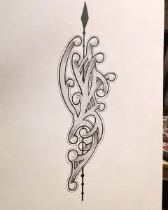 Черно-белый эскиз татуировки в стиле dotwork, представляющий собой абстрактную композицию с плавными линиями и точками. Идеально для любителей минимализма.