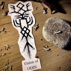 Черно-белое фото татуировки с руническими символами и надписью "Vision of Odin". Простой, но мощный дизайн.