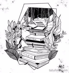 Фото эскиза татуировки: книга, окруженная растениями и расположенная в лесу, создающая впечатление портала в другой мир, выполненный в графическом стиле.
