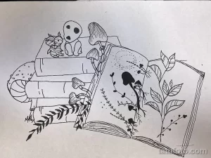 Черно-белое фото тату с изображением раскрытой книги, на которой сидят лиса и растут грибы. Детализированный рисунок в сказочном стиле.