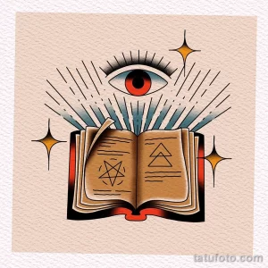 Эскиз татуировки в стиле old school с изображением открытой книги, над которой парит глаз, окруженный лучами и символами. Яркие цвета и четкие линии.