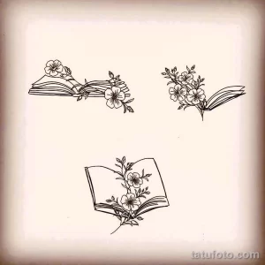 Фото нескольких эскизов татуировок с изображением открытых книг, украшенных цветами. Черно-белый рисунок, стиль - графика.