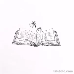 Фото тату с изображением открытой книги и маленького цветка, выполненное в технике дотворк. Идеальный эскиз тату для любителей чтения и минимализма.
