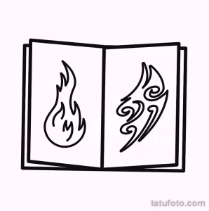 Черно-белый эскиз татуировки, изображающий открытую книгу с двумя рисунками внутри: пламя и узор. Символизирует страсть и творчество.