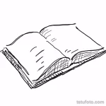 Черно-белый эскиз татуировки, изображающий открытую книгу. Минималистичный дизайн, идеально подходит для небольших татуировок.