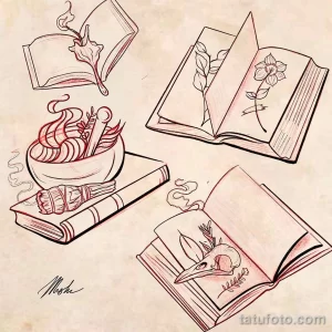 Эскиз татуировки в нежных розовых тонах, изображающий книги, травы, чаши и другие алхимические символы.