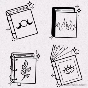 Черно-белое фото тату с изображением четырех книг, каждая из которых украшена своим символом: луна, огонь, листья и глаз. Мистический и загадочный дизайн.