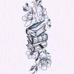 Красивое черно-белое фото тату с изображением стопки книг, украшенной цветами и листьями. Элегантный и романтичный дизайн для любителей чтения и природы.