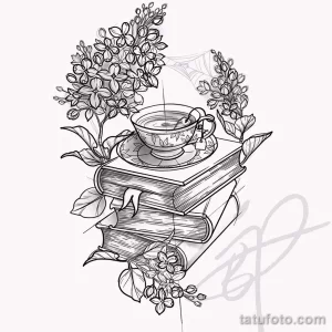 Красивое черно-белое фото тату с изображением стопки книг, чашки чая и букета цветов. Идеальный рисунок для любителей уюта и чтения.