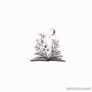 Фото тату: открытая книга, из которой растут цветы и ветки. Черно-белый рисунок в стиле line art.
