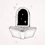 Фото тату: открытая книга, из которой виден звездное небо. Черно-белый рисунок с добавлением светящихся элементов.