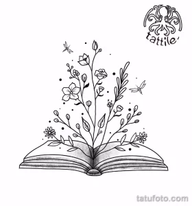Черно-белый эскиз тату с изображением раскрытой книги, из которой растут цветы и летают бабочки. Романтичный и воздушный дизайн.