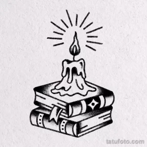 Черно-белый эскиз тату с изображением горящей свечи, стоящей на стопке книг. Классический и символичный дизайн.