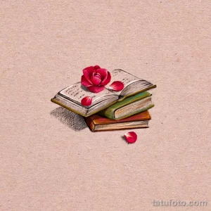 Красивый эскиз тату с изображением раскрытой книги и красной розы. Идеально подходит для любителей литературы и романтики.