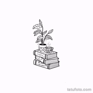 Фото тату: стопка книг, на которой стоит чашка кофе и горшок с растением. Эскиз тату в стиле минимализм и ботаника.