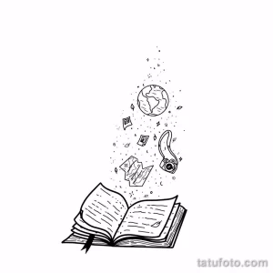 Фото тату: открытая книга, из которой вырываются звезды, планеты и другие космические объекты. Эскиз тату в стиле минимализм и космос.