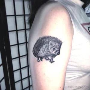 Фото простой татуировки ежа на руке, выполненной в черно-белой гамме. Рисунок минималистичный, но очень милый и привлекательный.