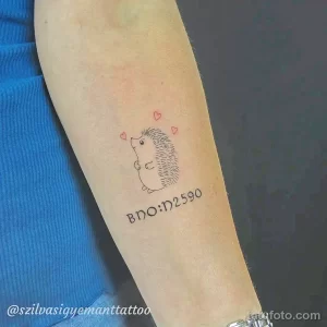 Минималистичное фото тату ёжика с подписью 'BDO:D2590' на руке. Нежные линии, пастельные тона, маленький размер.