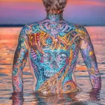 Фотография масштабной татуировки на спине, изображающей череп, окруженный яркими психоделическими узорами и элементами морской тематики.