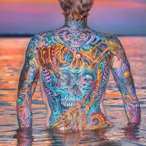 Фотография масштабной татуировки на спине, изображающей череп, окруженный яркими психоделическими узорами и элементами морской тематики.