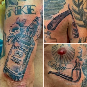 Фото коллажа из нескольких татуировок на руке: бутылка виски Jack Daniel's, опасная бритва и морской якорь. Черно-белые рисунки в традиционном стиле.