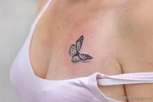 Фото тату бабочки на ключице. Черно-белый минималистичный рисунок с тонкими линиями, символизирующий легкость и свободу.