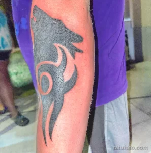 Фото тату: татуировка волка в племенном стиле, расположенная на локте. Черные линии и геометрические узоры создают эффектный и динамичный образ.