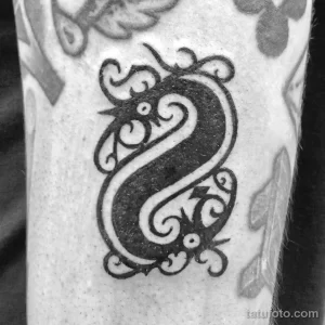 Черно-белое фото татуировки змеи, выполненной в стиле blackwork на руке. Изображение минималистичное, с четкими линиями и геометрическими формами.