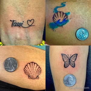 Фото коллекции татуировок на руке: надпись 'Tawi', сердечко, ракушка и бабочка. Разнообразные рисунки татуировок.
