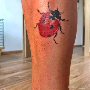 Фото реалистичной татуировки божьей коровки на ноге, с детально прорисованными крыльями и точками, выполненной в ярких красных и черных тонах.