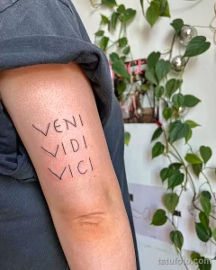 Фото тату: фраза "Veni Vidi Vici" на руке, выполненная простым шрифтом. Татуировка выполнена в черном цвете.