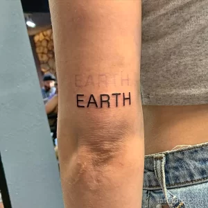 Фото тату: простая татуировка надписью 'EARTH' черным цветом, выполненная на внутренней стороне предплечья в минималистичном стиле.
