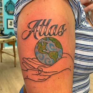 Фото тату: руки держат Землю, надпись 'Atlas' сверху. Черный контур, простой стиль, идея для тату на плече.