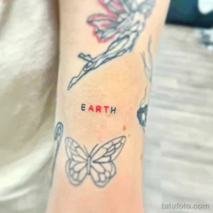 Фото тату на руке с изображением Земли, бабочки и надписи "EARTH". Минималистичный и символичный дизайн.