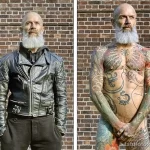 Фотография пожилого мужчины с татуировками на теле. На одном фото он в кожаной куртке, на другом – без нее, демонстрируя масштаб татуировок.