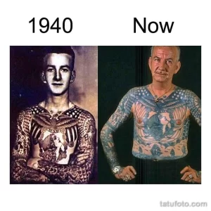 Коллаж из двух фотографий: молодого мужчины с татуировками в 1940 году и того же мужчины в настоящее время, полностью покрытого татуировками.