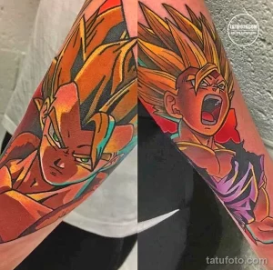 Фото тату: Яркая и детализированная татуировка персонажа из аниме Dragon Ball Z на руке. Динамичный и красочный рисунок.