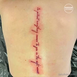 Фото татуировки на боку: надпись "Be patient everything comes to you in the right moment" красными чернилами. Элегантный и вдохновляющий рисунок татуировки.