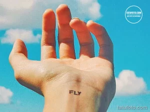 Фото тату надписи 'FLY' на ладони. Простой и лаконичный рисунок, символизирующий свободу и стремление к мечте.