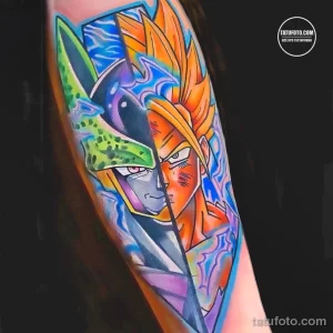 Фото татуировки на руке с изображением персонажей аниме Dragon Ball Z - Гоку и Селла. Яркие цвета и динамичная композиция.