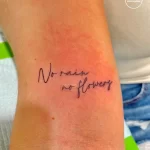 Фотография минималистичной татуировки с надписью "No rain no flowers" на руке. Татуировка выполнена тонкими линиями.