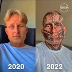 Фотография демонстрирует радикальные изменения внешности человека с помощью татуировок. Сравнение 2020 и 2022 годов.