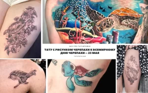Коллаж из фотографий татуировок с изображением черепах в различных стилях и на разных частях тела. Черно-белые и цветные рисунки.