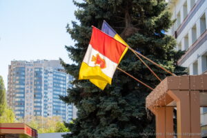 Фотография развевающихся флагов на фоне городского пейзажа. Флаги желтого и красного цвета. На заднем плане видны здания и деревья.