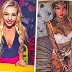 Коллаж из двух фотографий: девушка до и после нанесения татуировок. На второй фотографии девушка полностью покрыта татуировками.