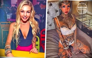 Коллаж из двух фотографий: девушка до и после нанесения татуировок. На второй фотографии девушка полностью покрыта татуировками.