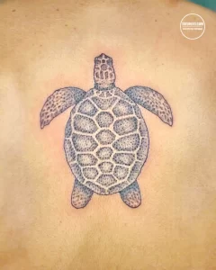 Татуировка черепахи на спине, выполненная в синих тонах в технике pointillism. Изображение состоит из множества точек, создающих эффект текстуры.
