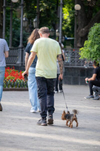 Фото мужчины, гуляющего с собакой, на руке которого видна татуировка в стиле ориентал. Черно-серый рисунок тату на предплечье.